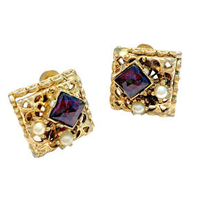 Vintage Screw Back Earrings Gold Filigree Red Rhinestone Faux Pearls Mid Century